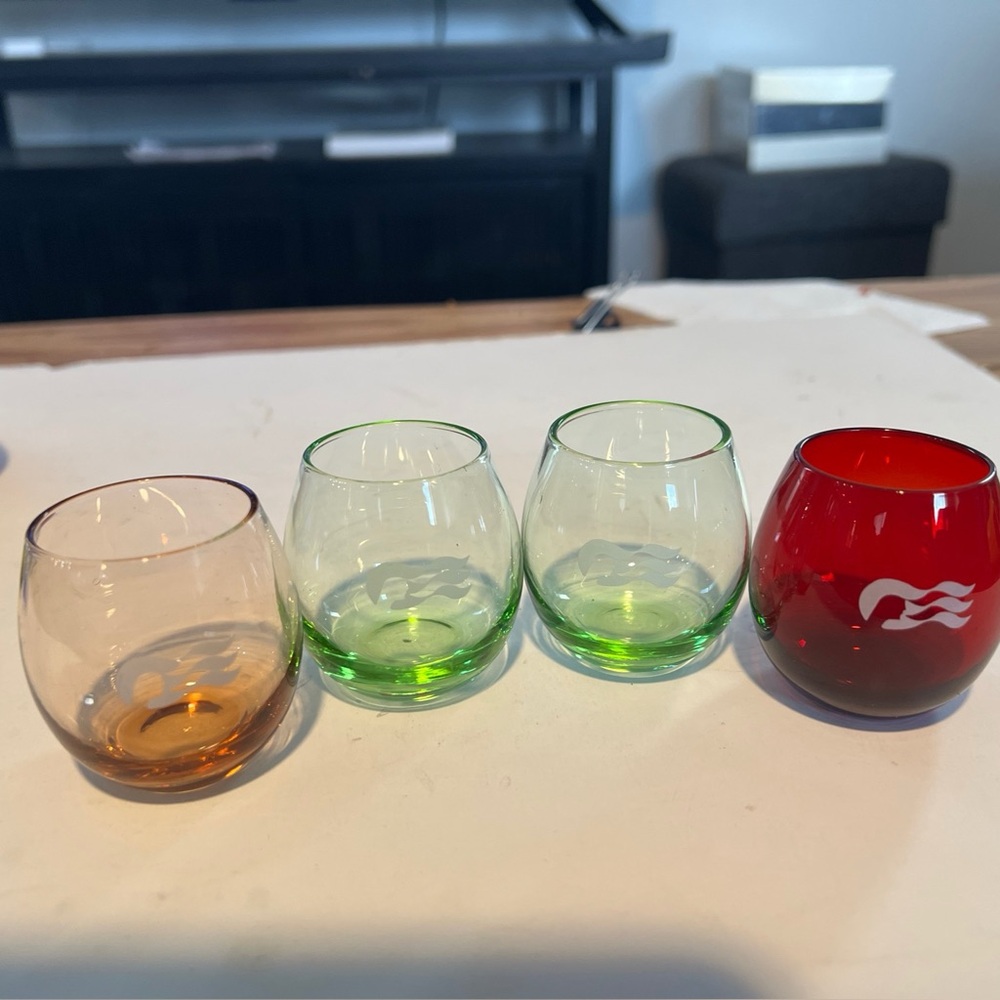 Princess Cruise Shot Glasses Set of 4 Etched Logo Multi Colored Nice Condition